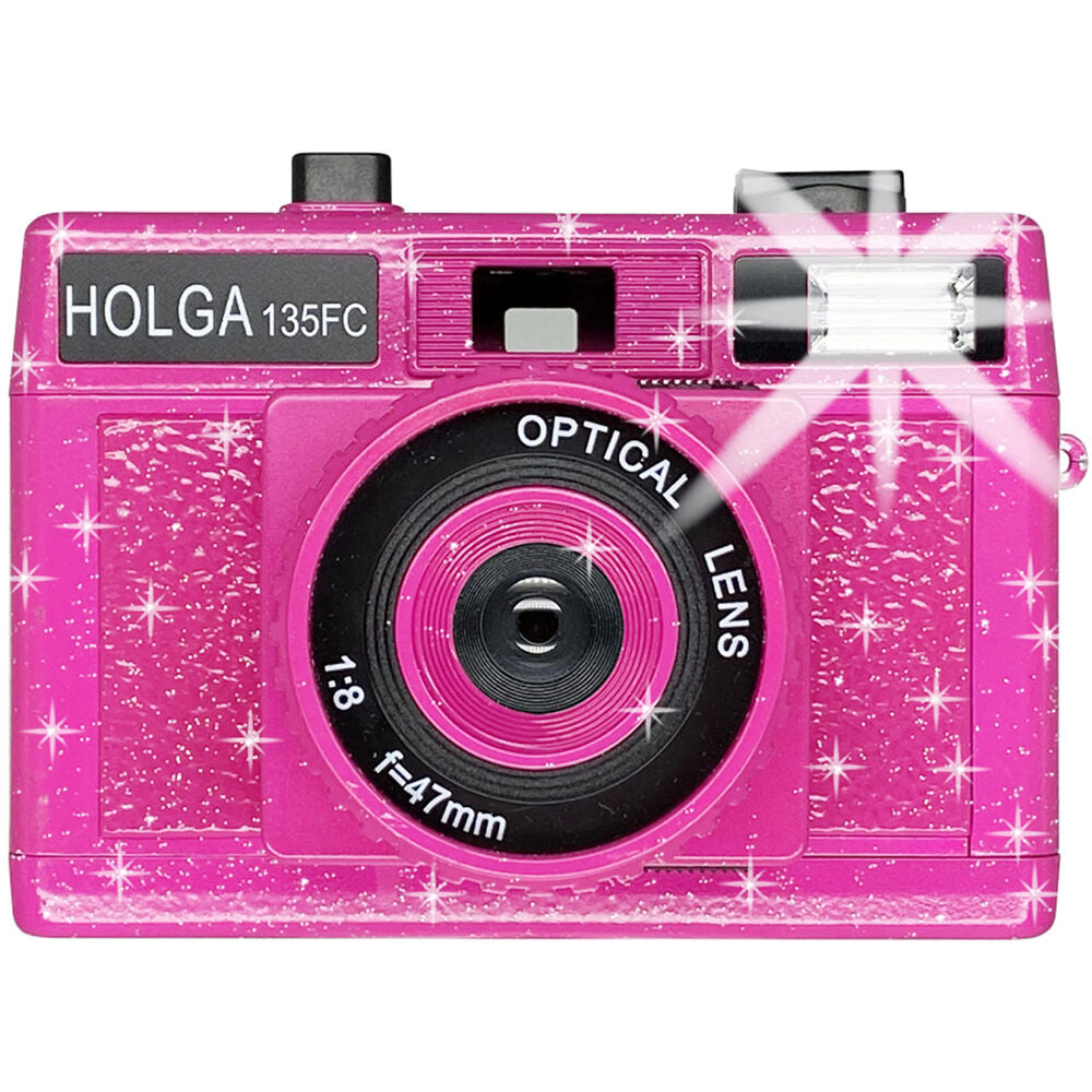 Cámara Analógica Holga 135FC con Flash (Rosa con Brillos) - vista frontal