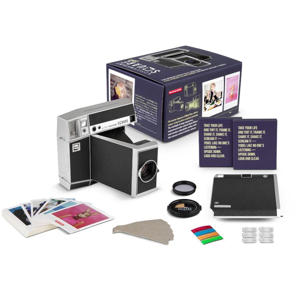 Cámara Analógica Lomography Lomo'Instant Square Glass y Kit de Accesorios (Negro Nueva) - contenido de la caja