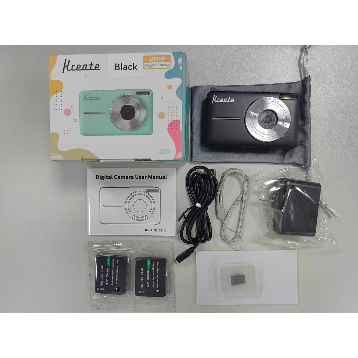 Cámara Digital Kreate DC403L-AF 8MP Compacta Negra - contenido de la caja