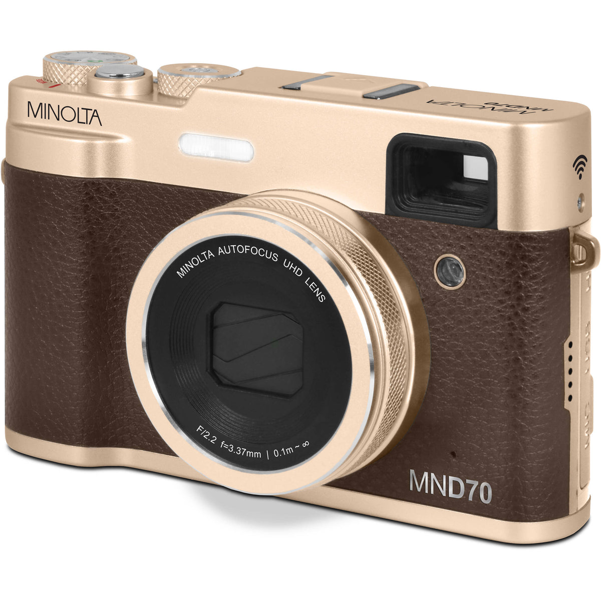 Cámara Digital Minolta MND70 con Visor Óptico 48MP Dorada - contenido de la caja