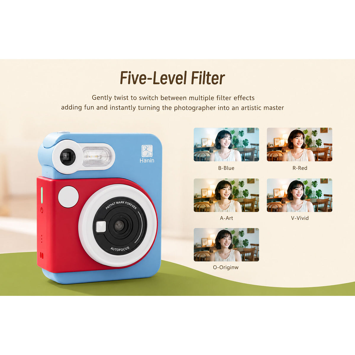 Cámara Instantánea Hanin M6 con Kit de Película 20 Fotos Roja y Azul - contenido de la caja
