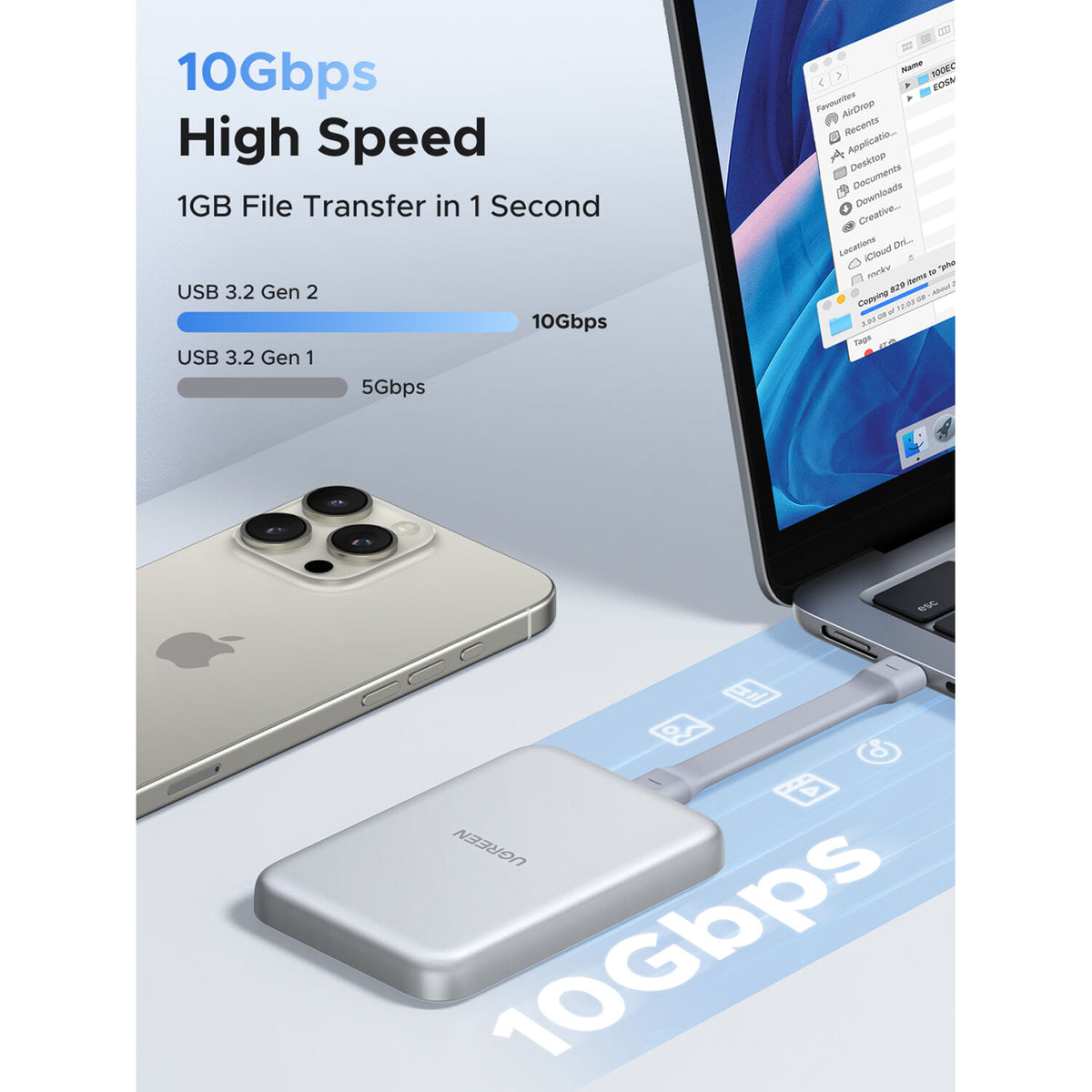 Carcasa de Disco UGREEN Magnética SSD M.2 NVMe MagSafe USB-C 10Gb/s - puertos y conexiones
