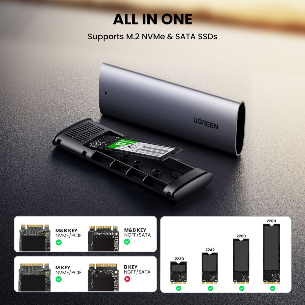 Carcasa de Disco UGREEN SSD M.2 NVMe y SATA USB-C 3.2 Gen 2 10Gb/s - vista lateral