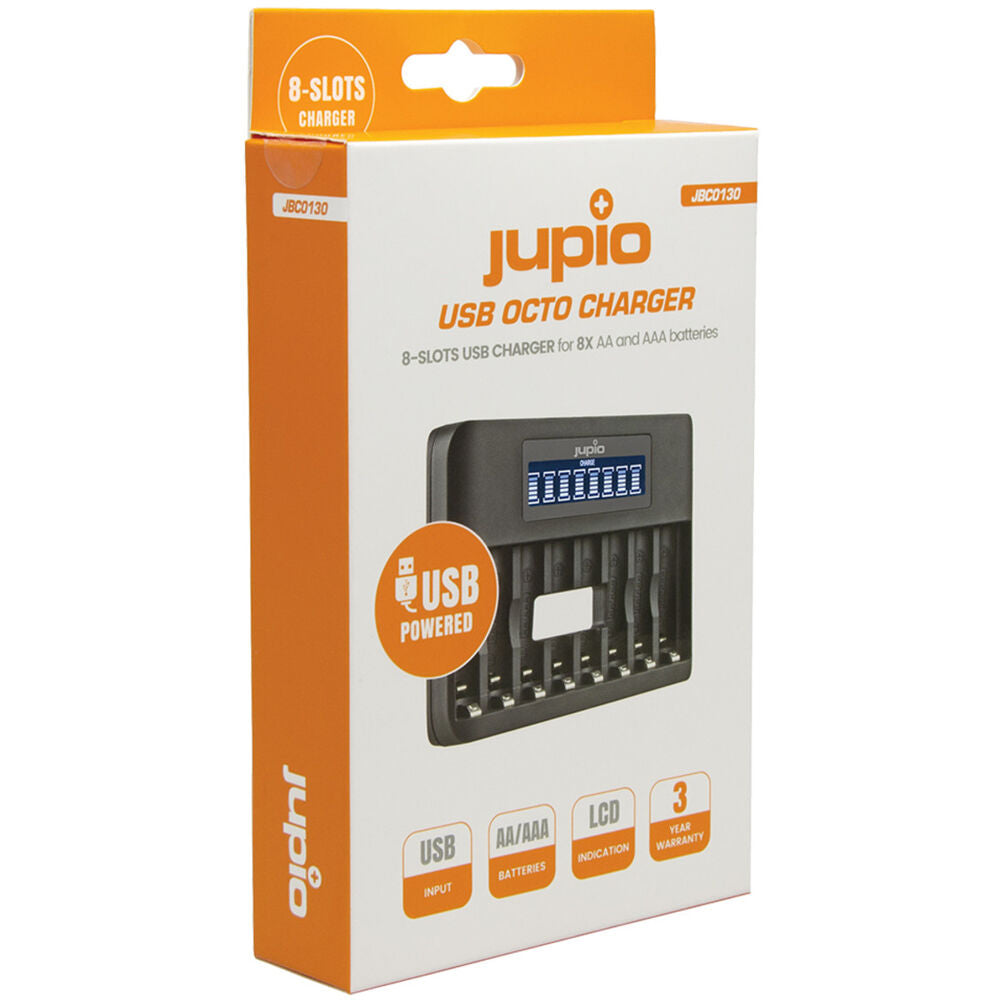 Cargador Jupio 8-Slot USB Octo con LCD para recargables AA y AAA - vista frontal