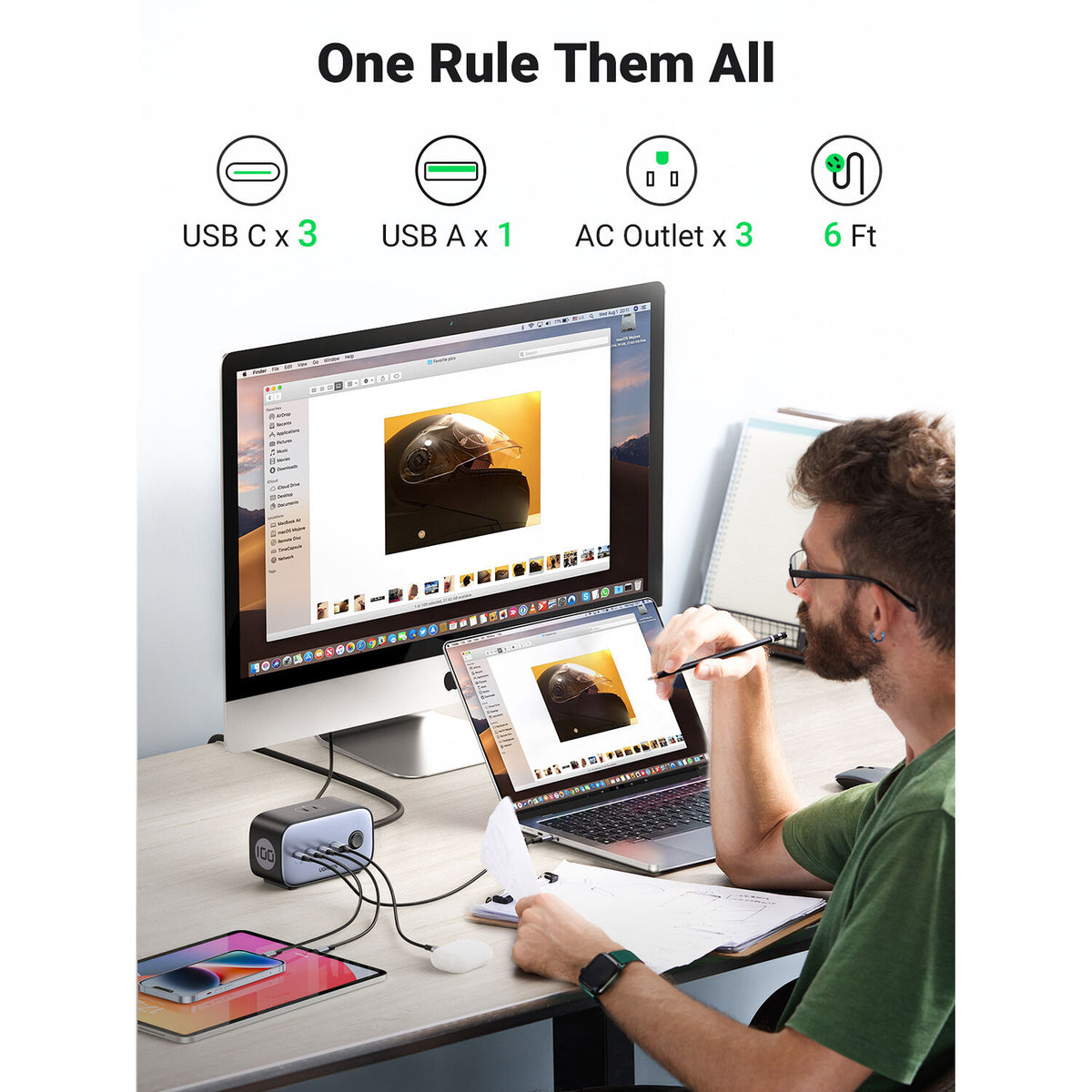 Cargador UGREEN 100W GaN 7 en 1 con 3 Tomacorrientes y 4 USB - puertos y conexiones