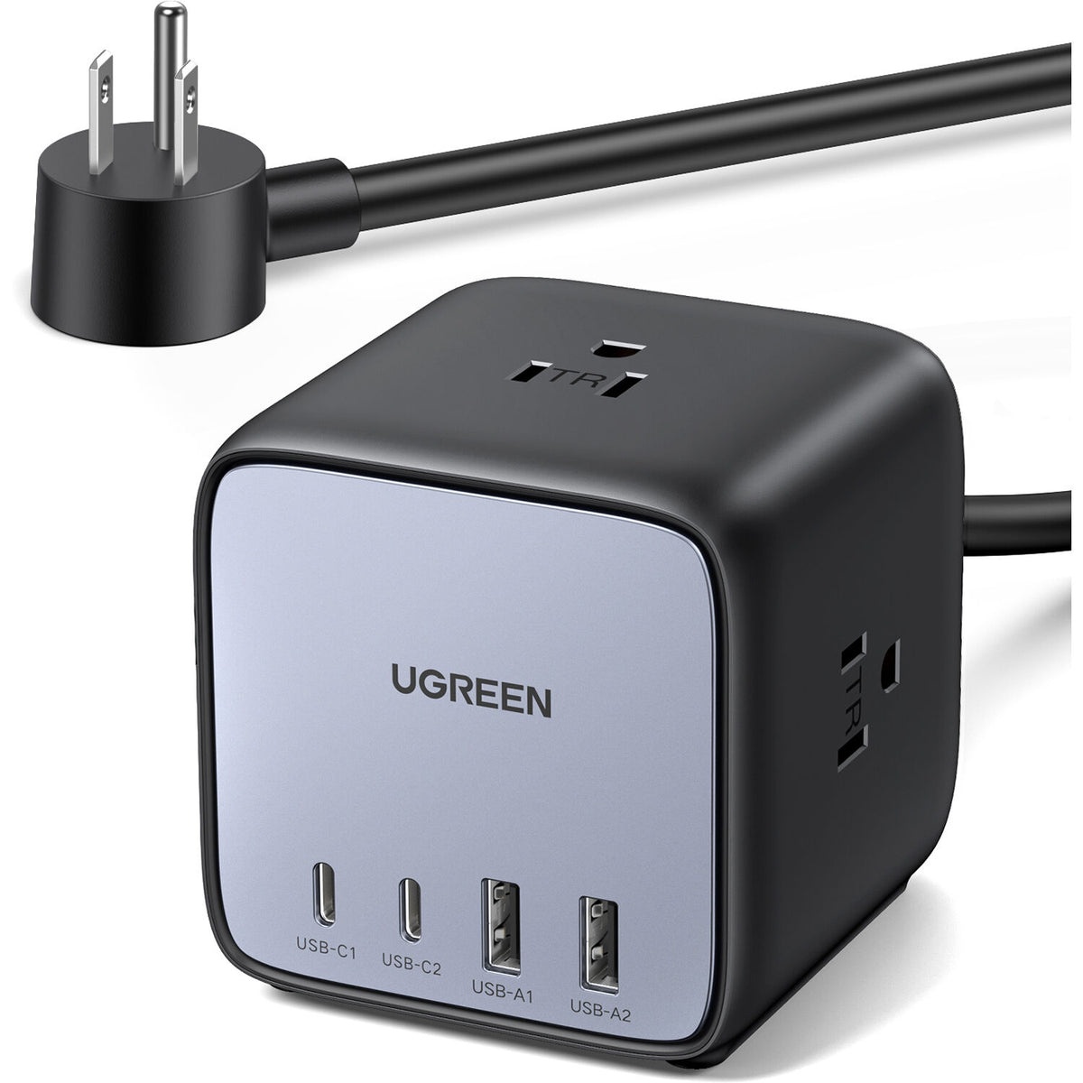 Cargador UGREEN 65W GaN 7 en 1 Cubo con 3 Tomacorrientes y 4 USB - vista lateral