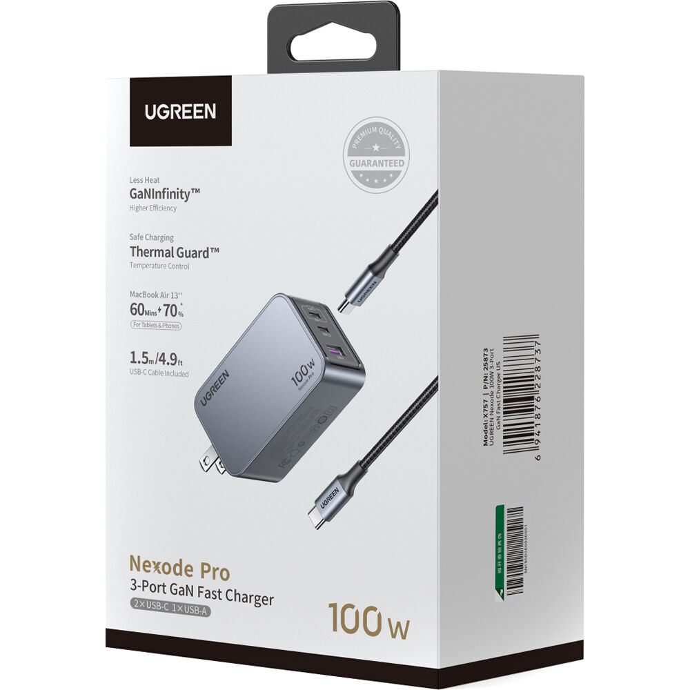 Cargador UGreen Nexode 100W GaN Carga Rapida - vista trasera