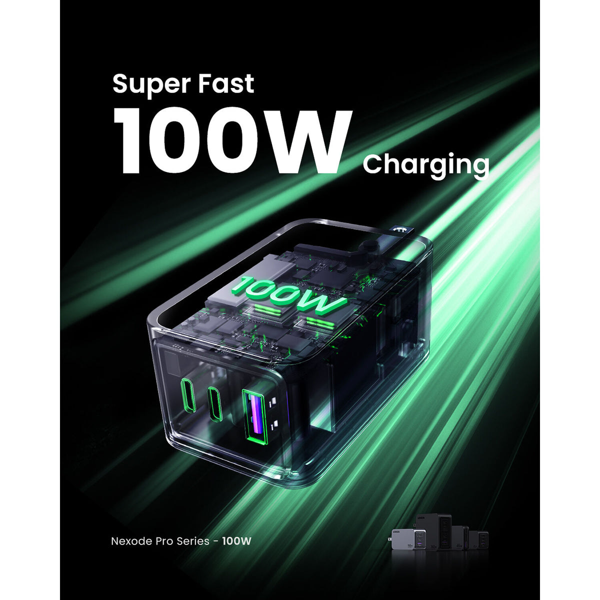 Cargador UGreen Nexode 100W GaN Carga Rapida - vista lateral