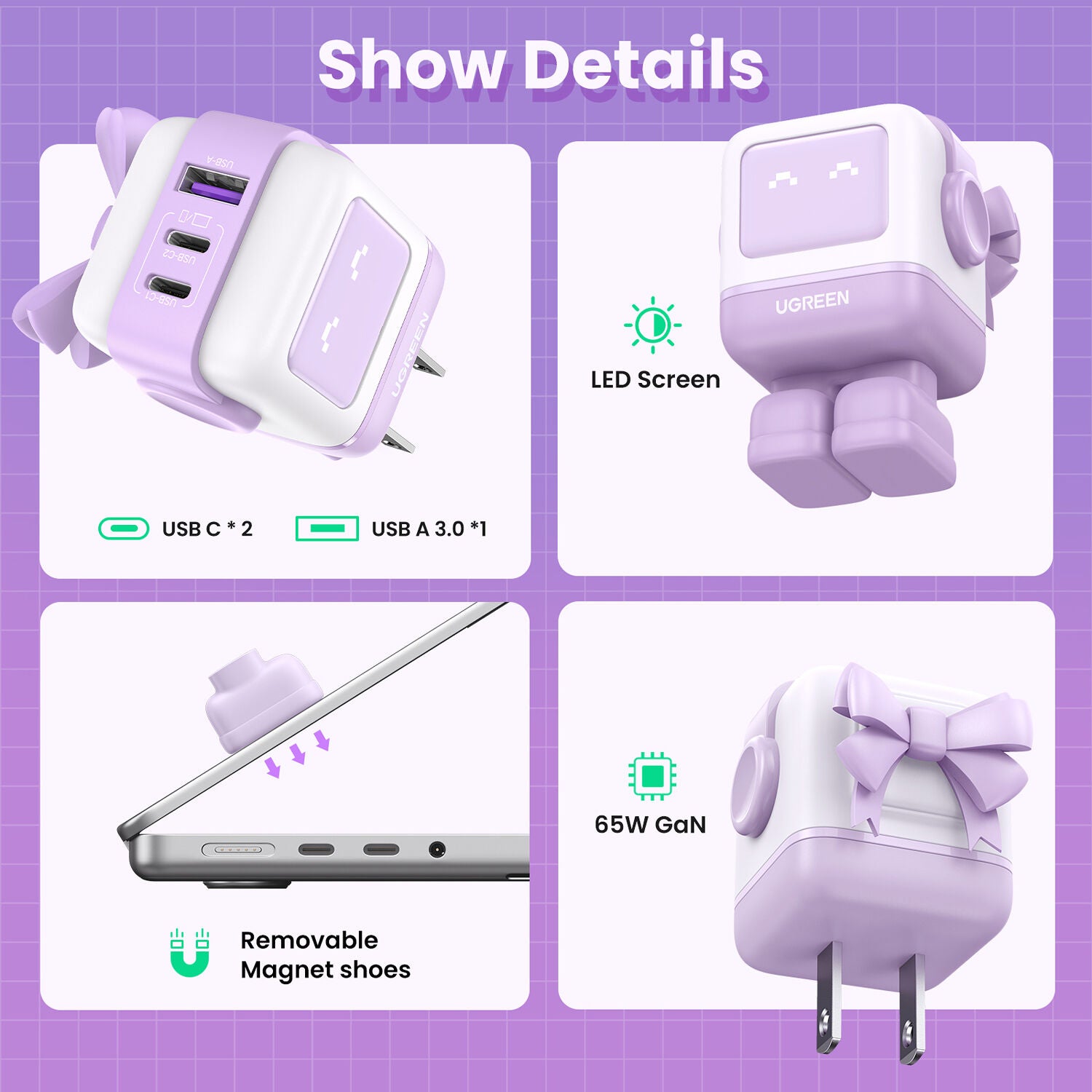 Cargador UGREEN Uno 65W 3 Puertos con Pantalla LED Morado - contenido de la caja