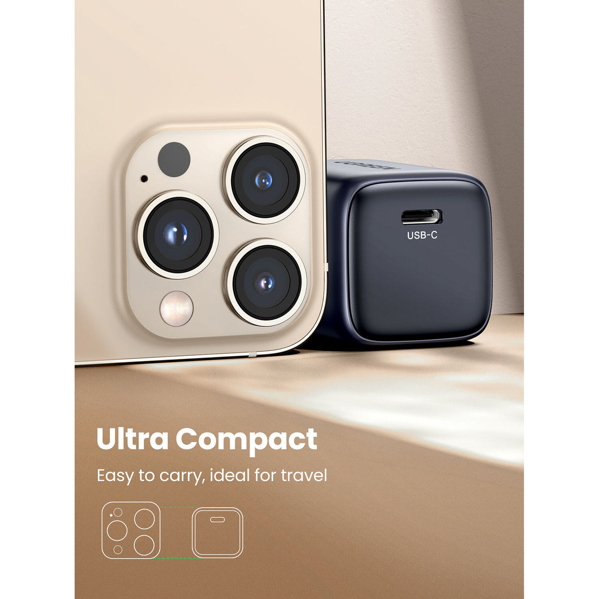 Cargador UGreen USB-C GaN 30W Carga Rápida Negro - puertos y conexiones