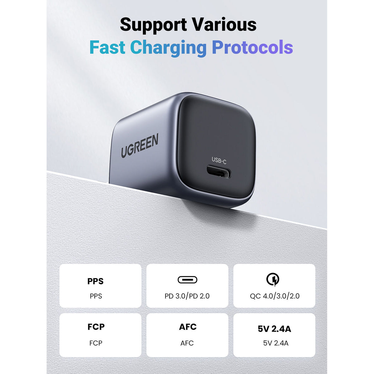 Cargador UGreen USB-C GaN 30W Carga Rápida Negro - detalle