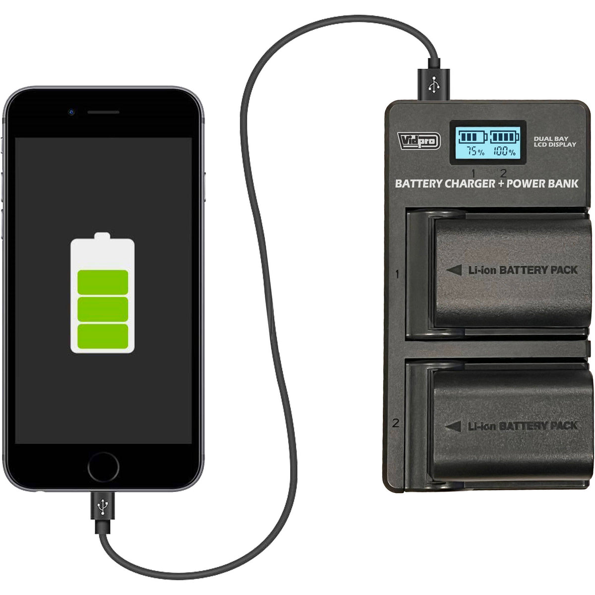 Cargador Vidpro VDL-47 Dual Bay LCD con Power Bank para Samsung IA-BP85ST - puertos y conexiones