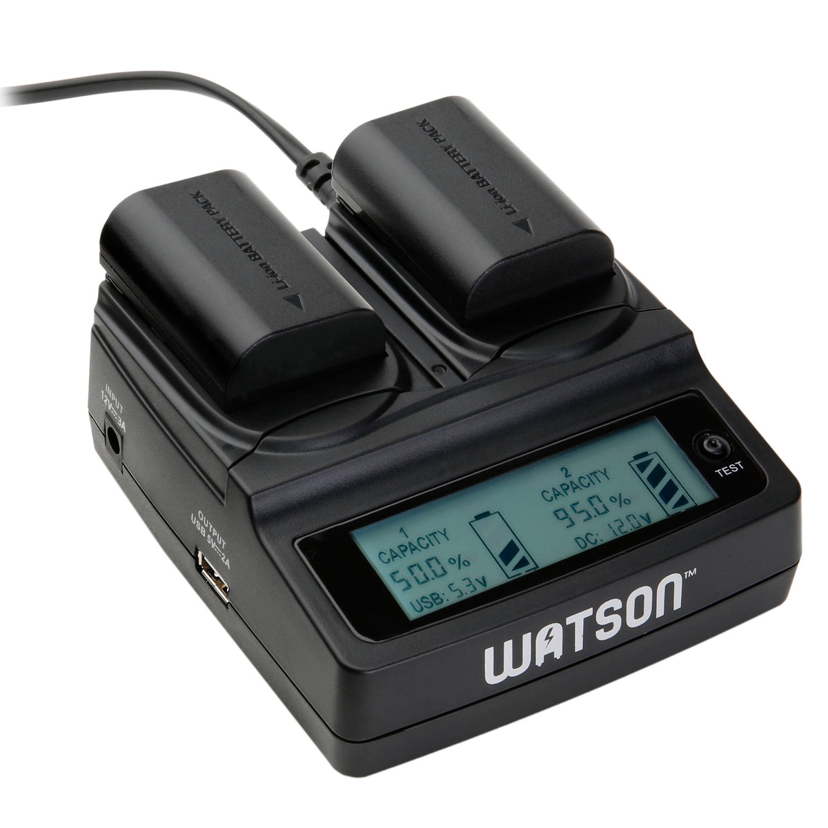 Cargador Watson Duo LCD con Two NP-FZ100 Plates - puertos y conexiones