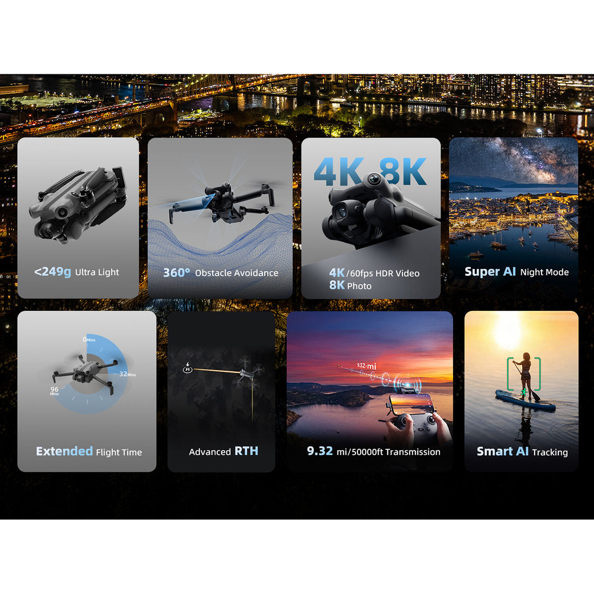 Dron SKYROVER X1 Fly More Combo con Control de Pantalla Gris