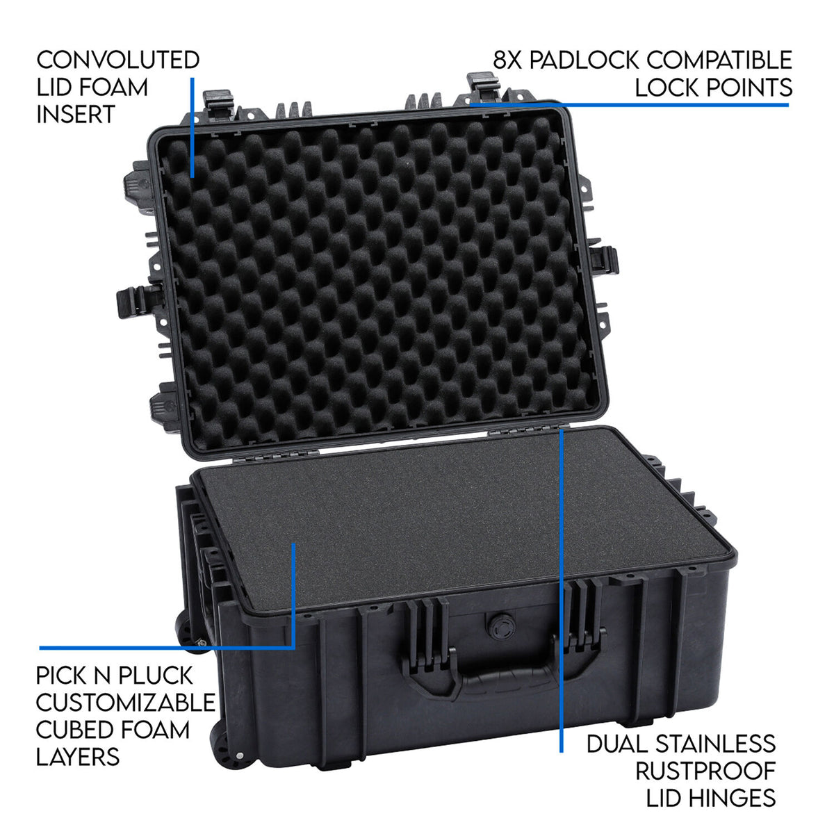 Estuche Rígido DCB Cases Element 6104F con ruedas utilitario con espuma cortada en cubos - en uso