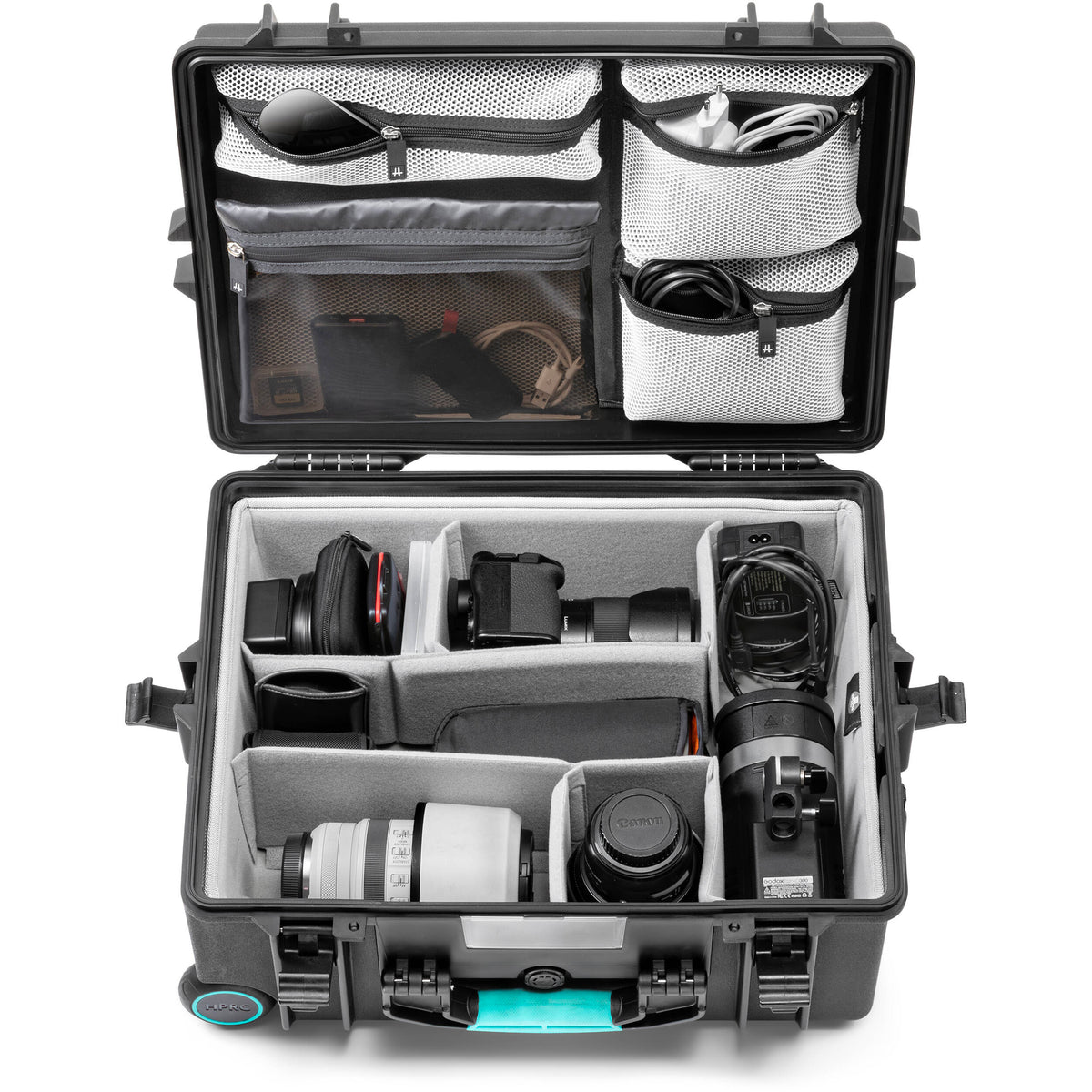 Estuche Rígido HPRC 2600W con ruedas con organizador en la tapa & Second Skin divisores - puertos y conexiones