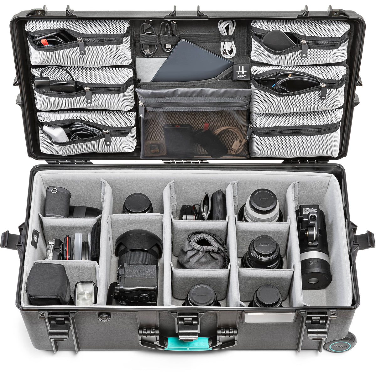 Estuche Rígido HPRC 2745 con ruedas con Second Skin & organizador en la tapa (Negro) - puertos y conexiones