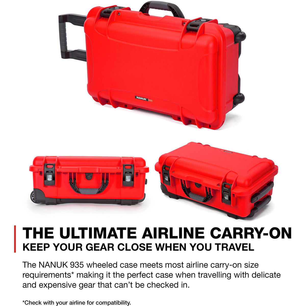 Estuche Rígido Nanuk 935 con ruedas con espuma & organizador en la tapa (Rojo, 28.5L) - en uso