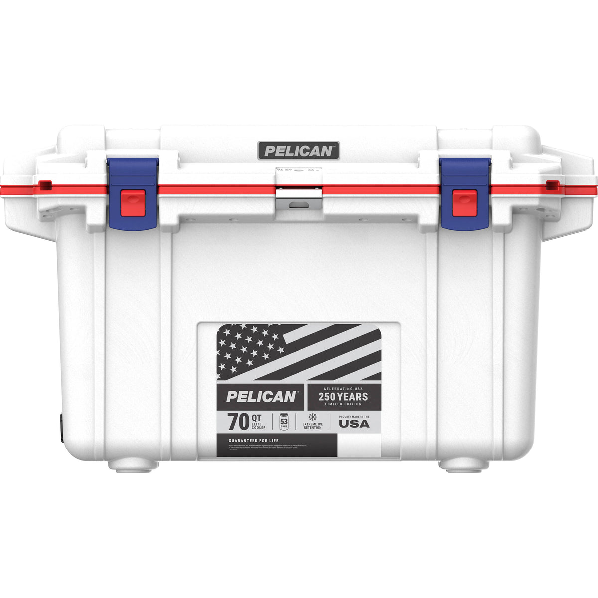 Estuche Rígido Pelican 70QT Elite Cooler (America 250 Limited Edition Rojo / Blanco / Azul) - vista lateral