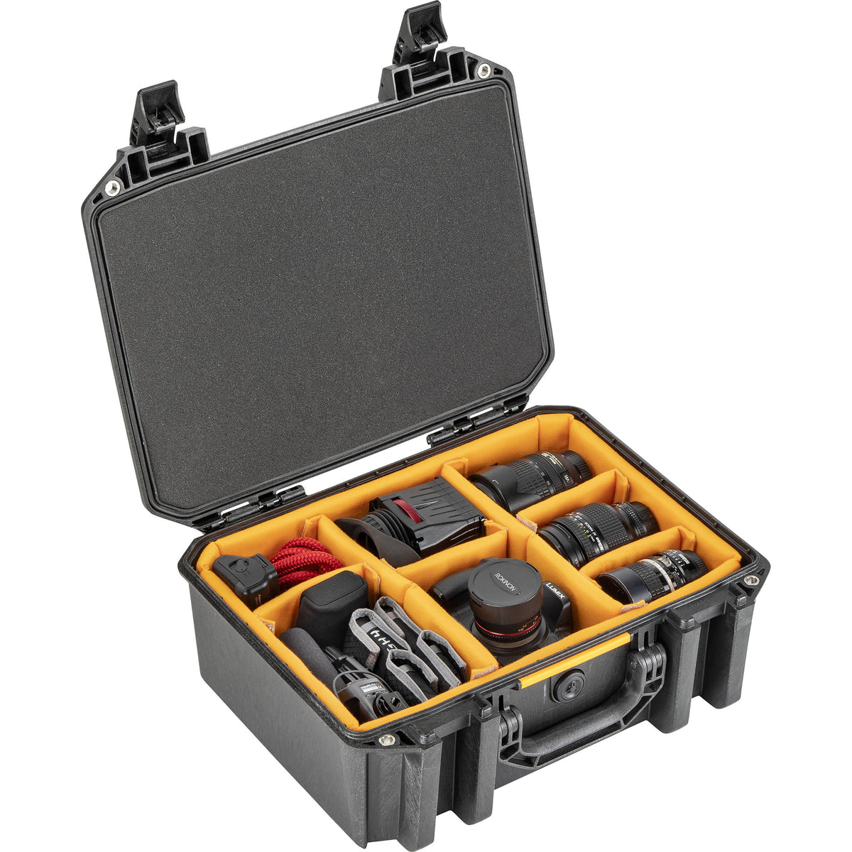 Estuche Rígido Pelican Vault V300 con divisores acolchados (Negro, 18.7L) - puertos y conexiones