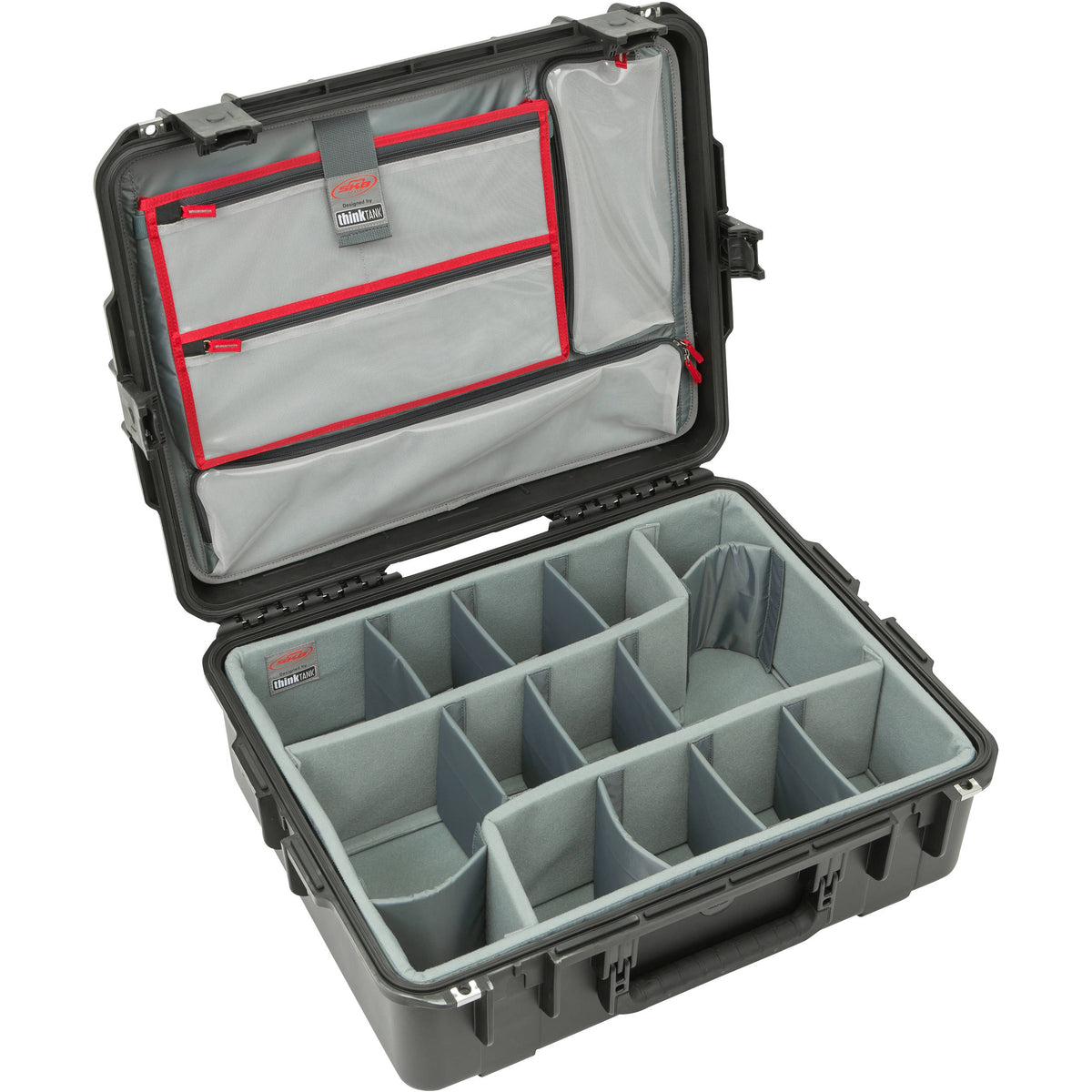 Estuche Rígido SKB iSeries 2217-8 con Think Tank Photo divisores & organizador en la tapa (Negro) - vista frontal