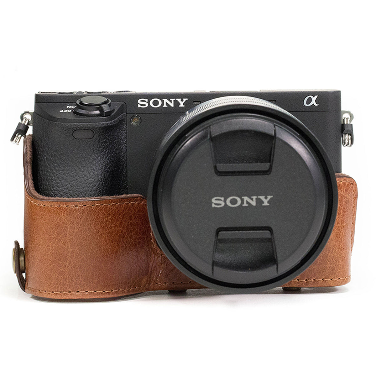 Funda a medida MegaGear Ever Ready Genuine Leather & Strap para Sony a6500 con 16-70mm Lens (Light Brown) - vista frontal