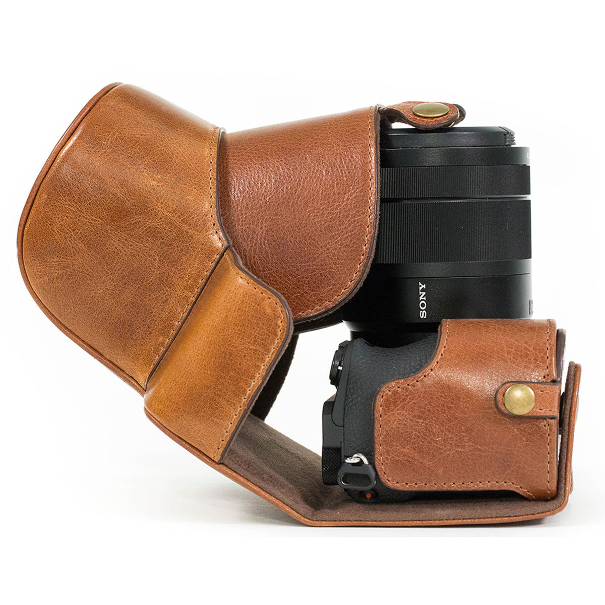 Funda a medida MegaGear Ever Ready Genuine Leather & Strap para Sony a6500 con 16-70mm Lens (Light Brown) - detalle