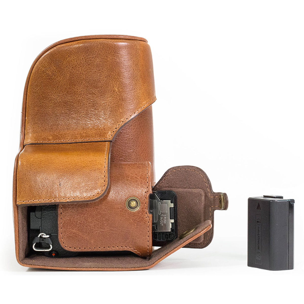 Funda a medida MegaGear Ever Ready Genuine Leather & Strap para Sony a6500 con 16-70mm Lens (Light Brown) - contenido de la c