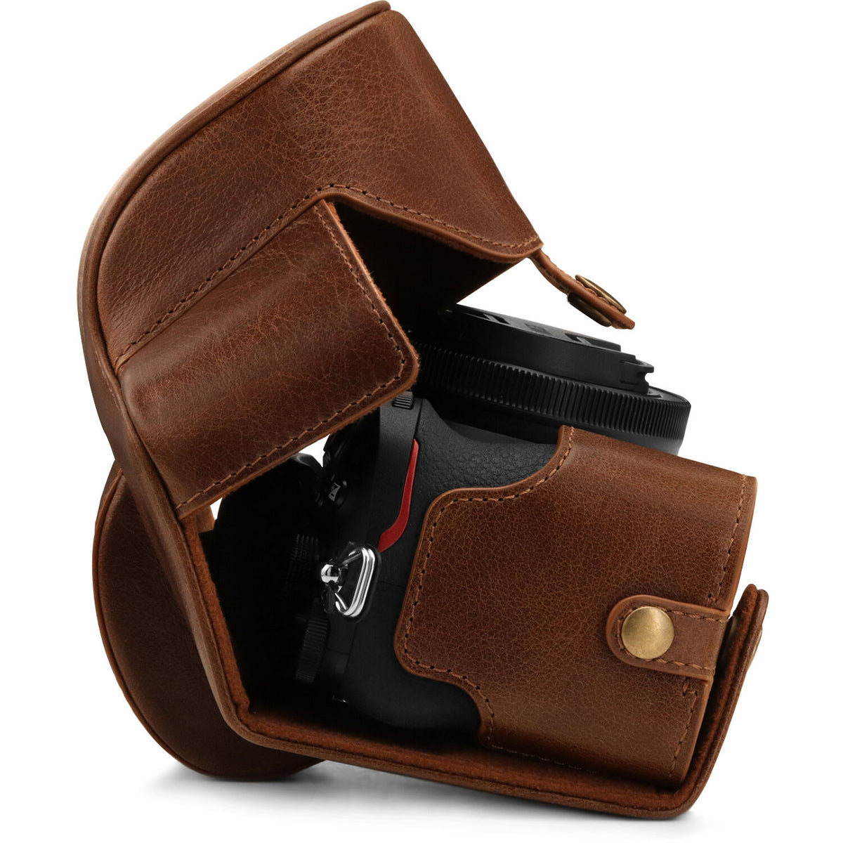 Funda a medida MegaGear Ever Ready Top Grain Leather para Nikon Z 50 con 16-50mm Lens (Brown) - vista lateral