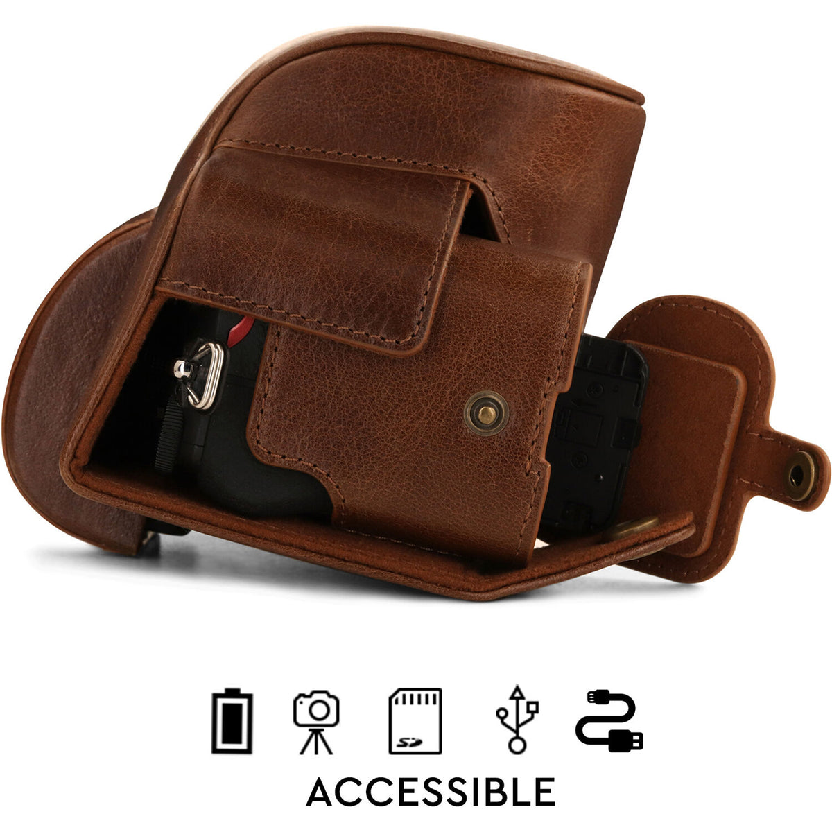 Funda a medida MegaGear Ever Ready Top Grain Leather para Nikon Z 50 con 16-50mm Lens (Brown) - puertos y conexiones