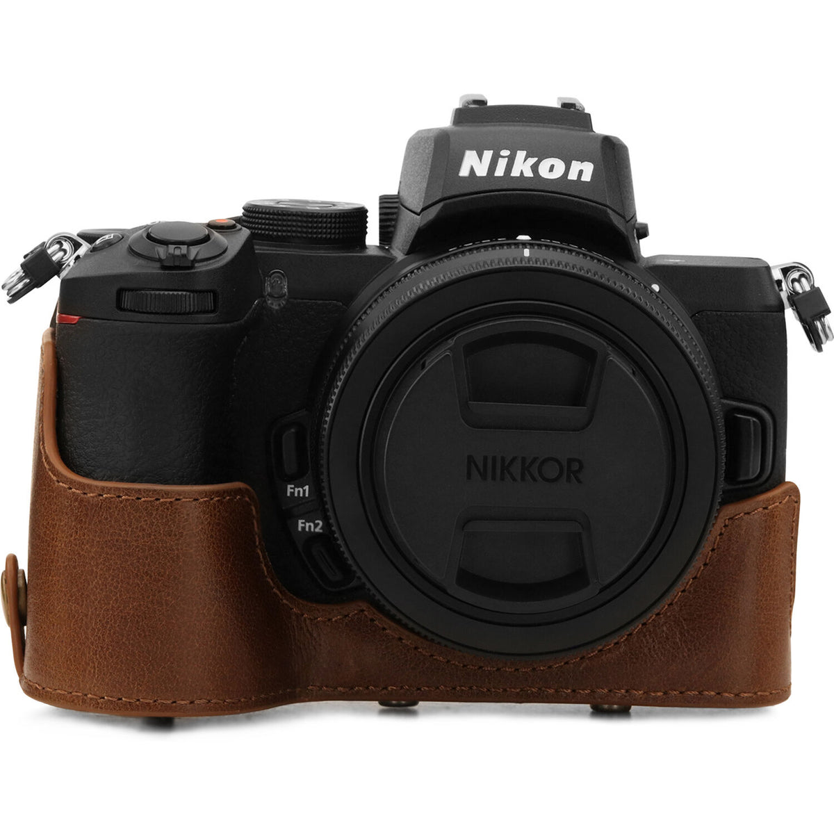 Funda a medida MegaGear Ever Ready Top Grain Leather para Nikon Z 50 con 16-50mm Lens (Brown) - detalle