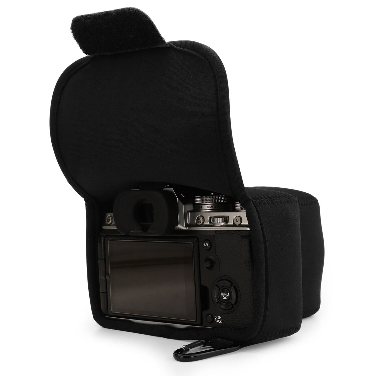 Funda a medida MegaGear Ultralight neopreno para FUJIFILM X-T4 con XF16-80mm Lens (Negro) - puertos y conexiones