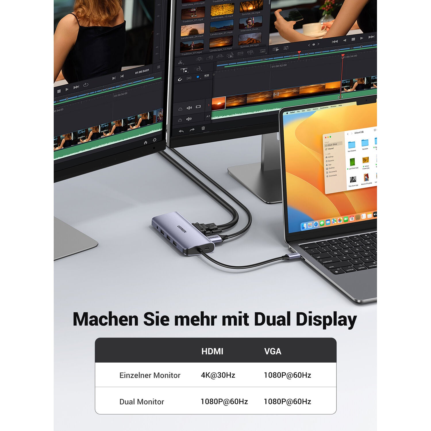 Hub USB UGREEN 10 en 1 USB-C con HDMI 4K, VGA, Ethernet y Lector SD - en uso