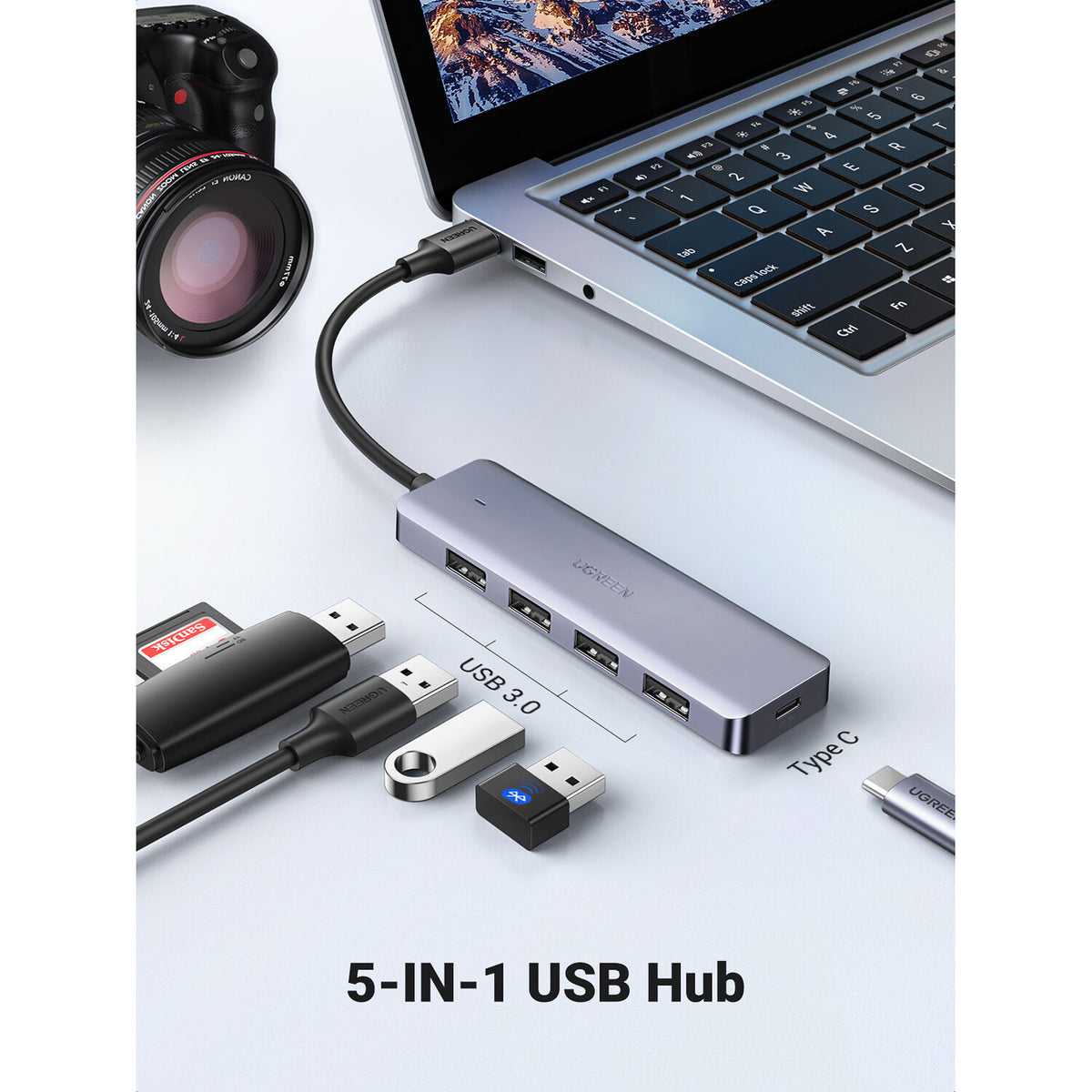 Hub USB UGREEN 4 Puertos USB 3.0 en Aluminio - vista lateral