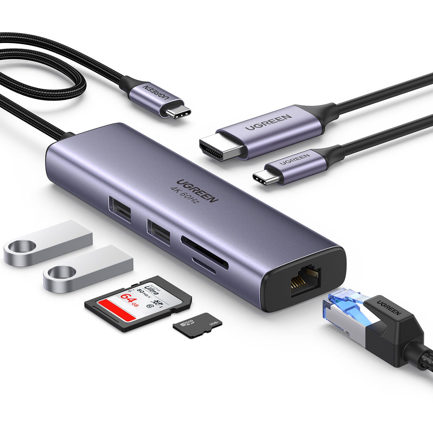 Hub USB UGREEN 7 en 1 USB-C con HDMI 4K, Ethernet y Lector SD - vista frontal