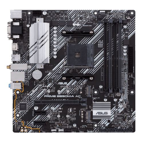 ASUS B550M-A PRIME AC PS AMD AM4 microATX Motherboard — vista frontal de la tarjeta madre