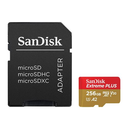 Sandisk 256GB Extreme PLUS microSDXC Class 10 A2 UHS-3 V30 Flash Memory Card with Adapter — vista 1