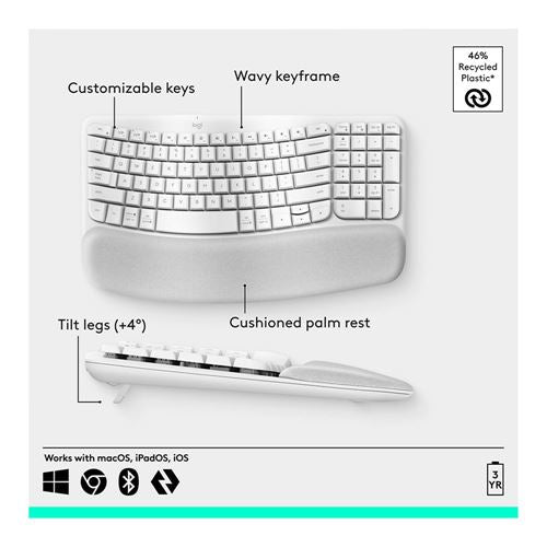 Logitech Wave Keys Ergonomic Wireless Keyboard - Off-White — vista 2
