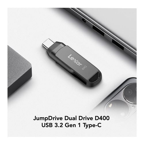 Lexar 64GB JumpDrive Dual Drive D400 USB 3.2 Gen 1 Flash Drive (USB-C / USB-A) — vista 3