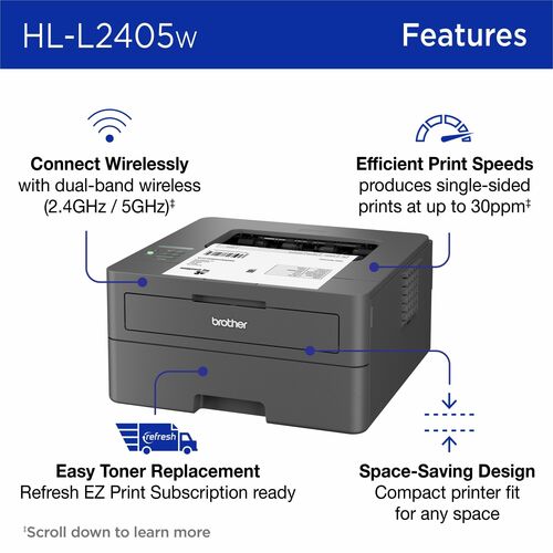 Impresora Láser Inalámbrico De Escritorio Brother HL HL-L2405W - Monocromo - 30 ppm de impresión monocolor - 1 - imagen 5