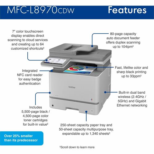 Impresora Láser Multifunción Brother MFC-L8970CDW Con cable e inalámbrico - Color - Copiadora/Impresora/Escáne - imagen 5