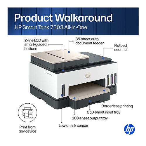 Impresora Multifuncional HP Smart Tank 7303 Tinta Continua Wi-Fi Ethernet Dúplex con ADF — vista posterior