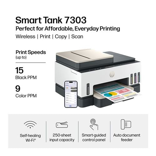 Impresora Multifuncional HP Smart Tank 7303 Tinta Continua Wi-Fi Ethernet Dúplex con ADF — vista superior