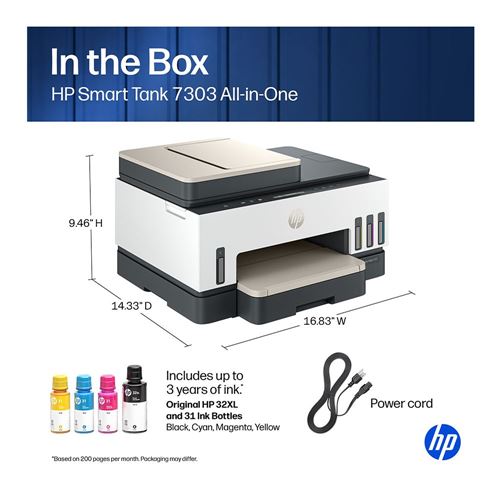 Impresora Multifuncional HP Smart Tank 7303 Tinta Continua Wi-Fi Ethernet Dúplex con ADF — vista en perspectiva