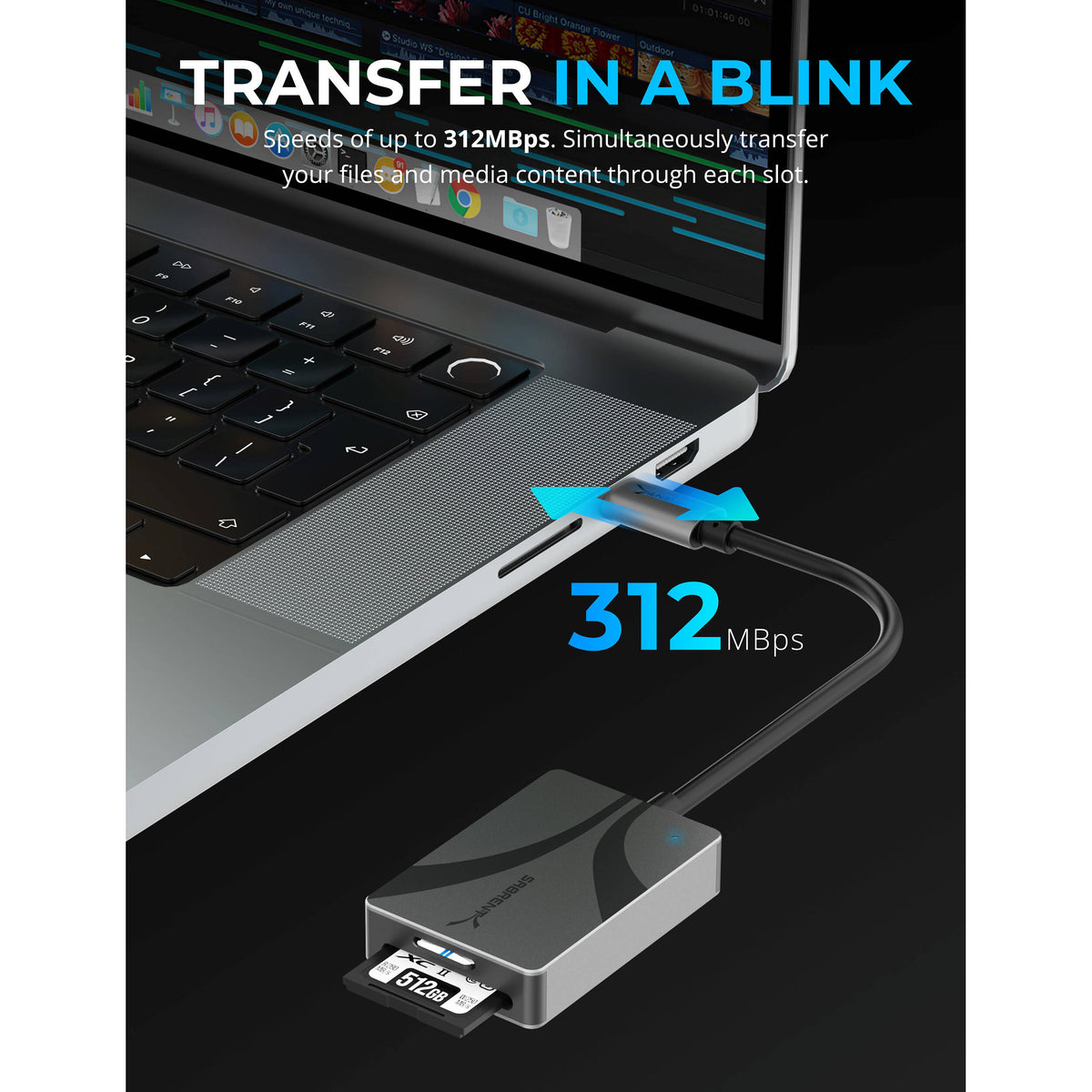Lector de Tarjetas Sabrent Dual-ranuras SDXC & microSDXC UHS-II USB-C 3.2 Gen 1 - puertos y conexiones