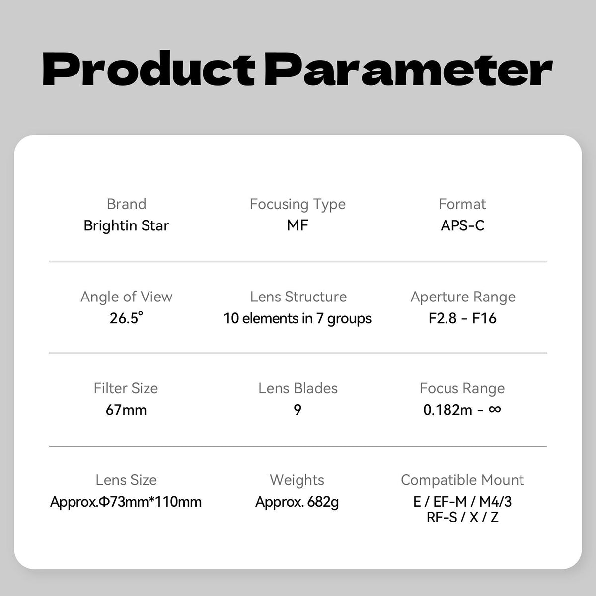 Lente Brightin Star 60mm f/2.8 2x Macro - vista lateral