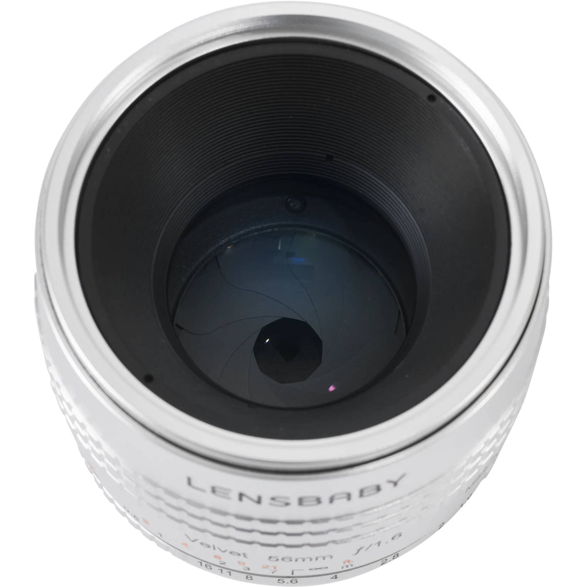 Lente Lensbaby Velvet 56mm f/1.6 SE (Limited Edition, Nikon F, Plateado) - vista frontal