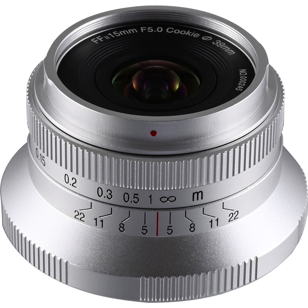 Lente Venus Optics Laowa 15mm f/5 Cookie (Plateado, Auto-Aperture) - vista frontal