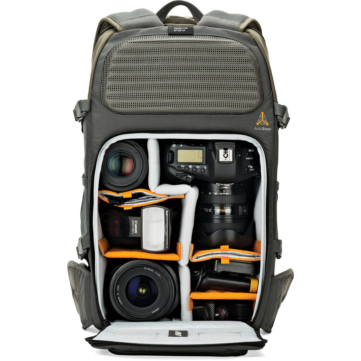 Mochila Lowepro Flipside Trek BP 450 AW (Gris/Dark Verde) - puertos y conexiones
