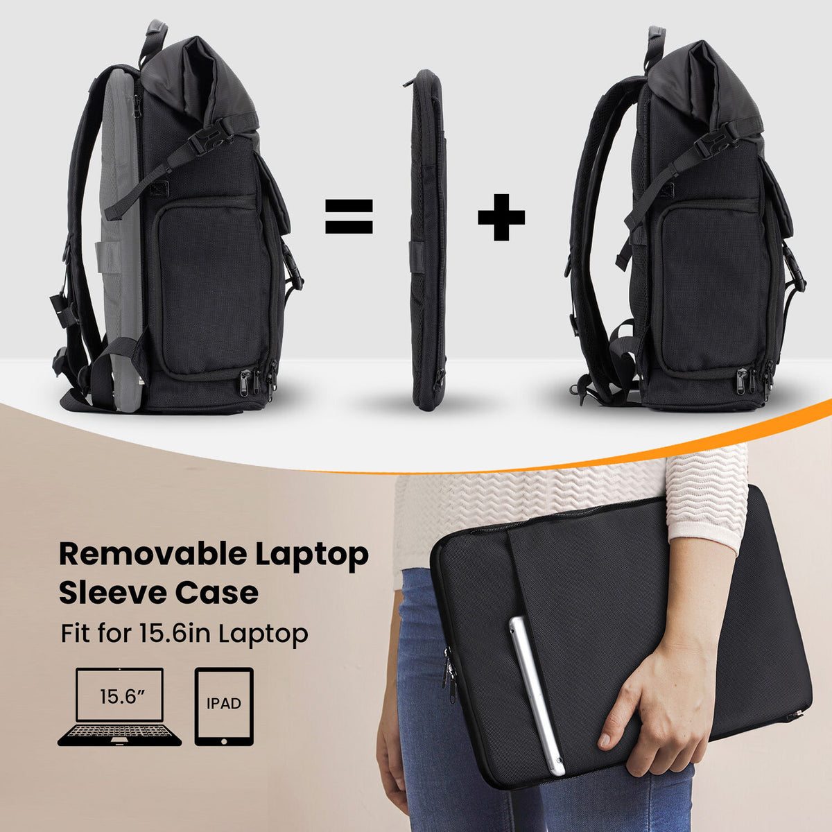 Mochila TARION SP-01 Rolltop (Negro, 20.5L) - vista trasera